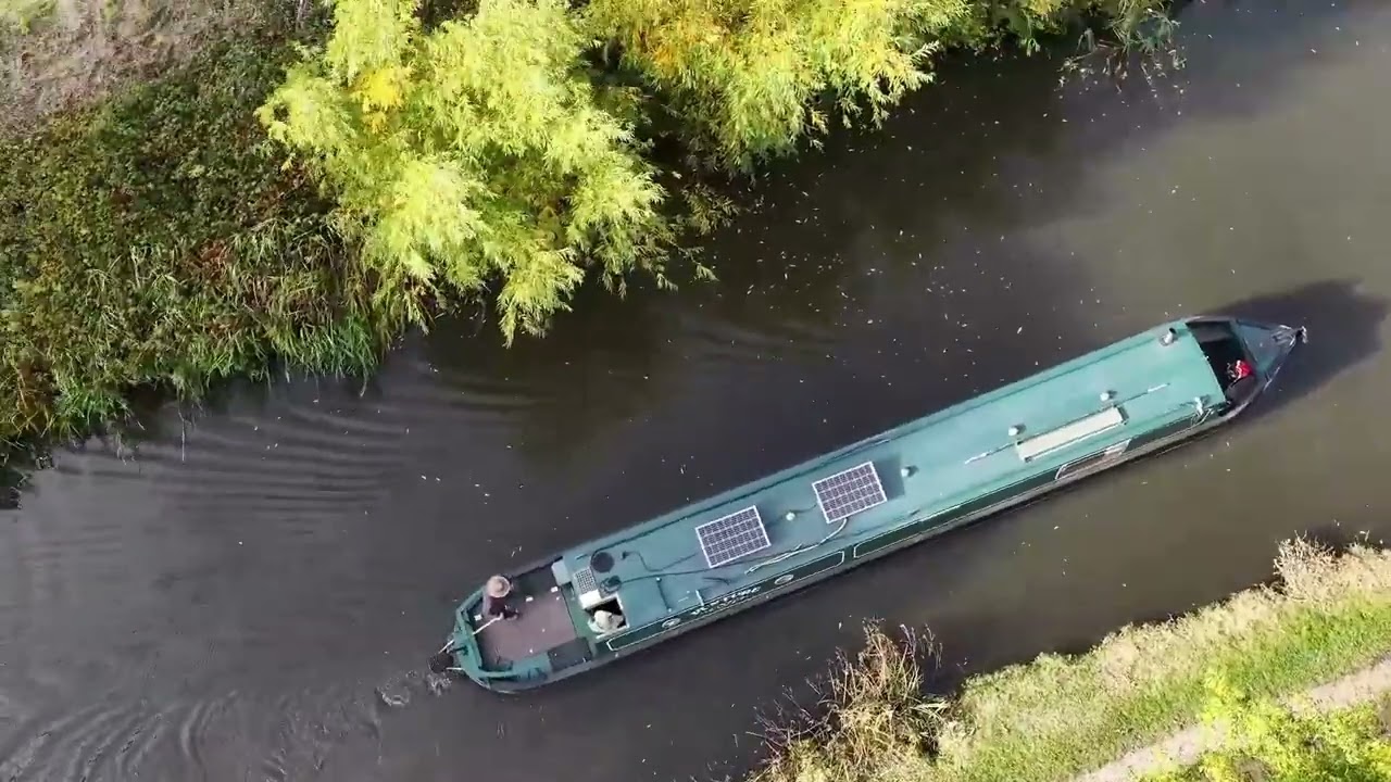 An aerial view of a narrowboat.