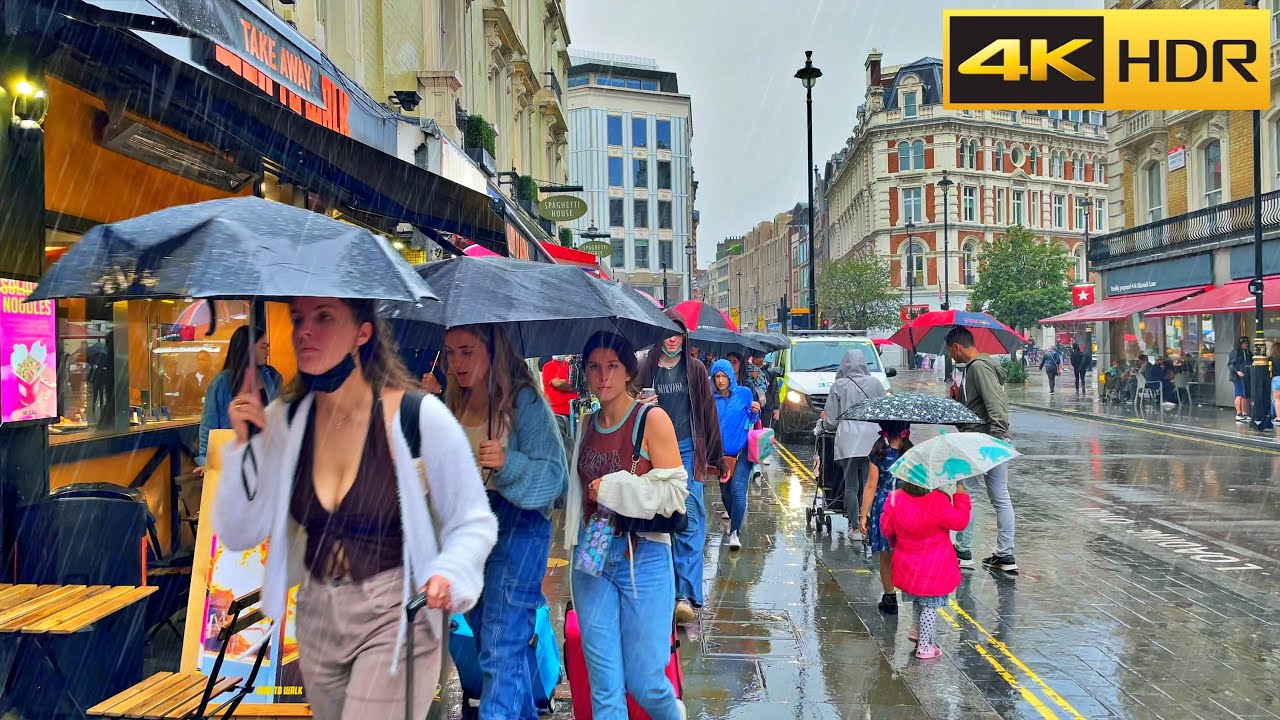 ☔1 Hour Rain Walk in London ⛈ Heavy Rain and Thunderstorms- ASMR [4K HDR]