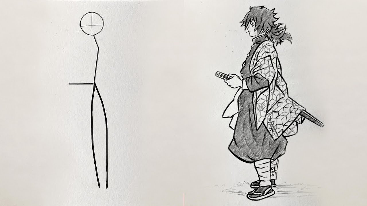 How to Draw Giyuu out of stickman | easy drawing for beginners | how to draw anime boy