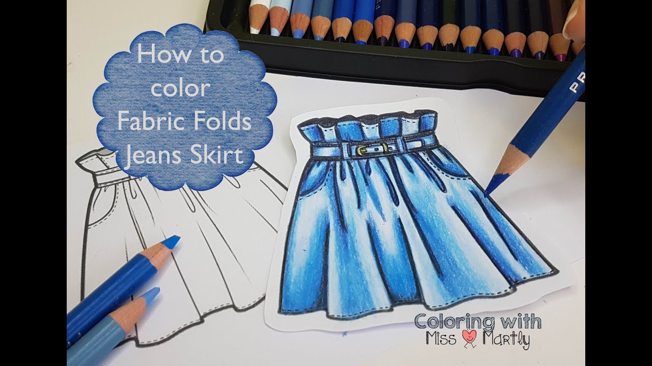 Tutorial: How to color Fabric FOLDS with Colored Pencil | Jeans Skirt