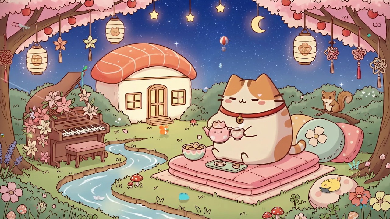 Picnic Sakura Night River Milky's Cat 🌸 Japanese Garden Ambience 🍵 Relaxing Music for Sleep