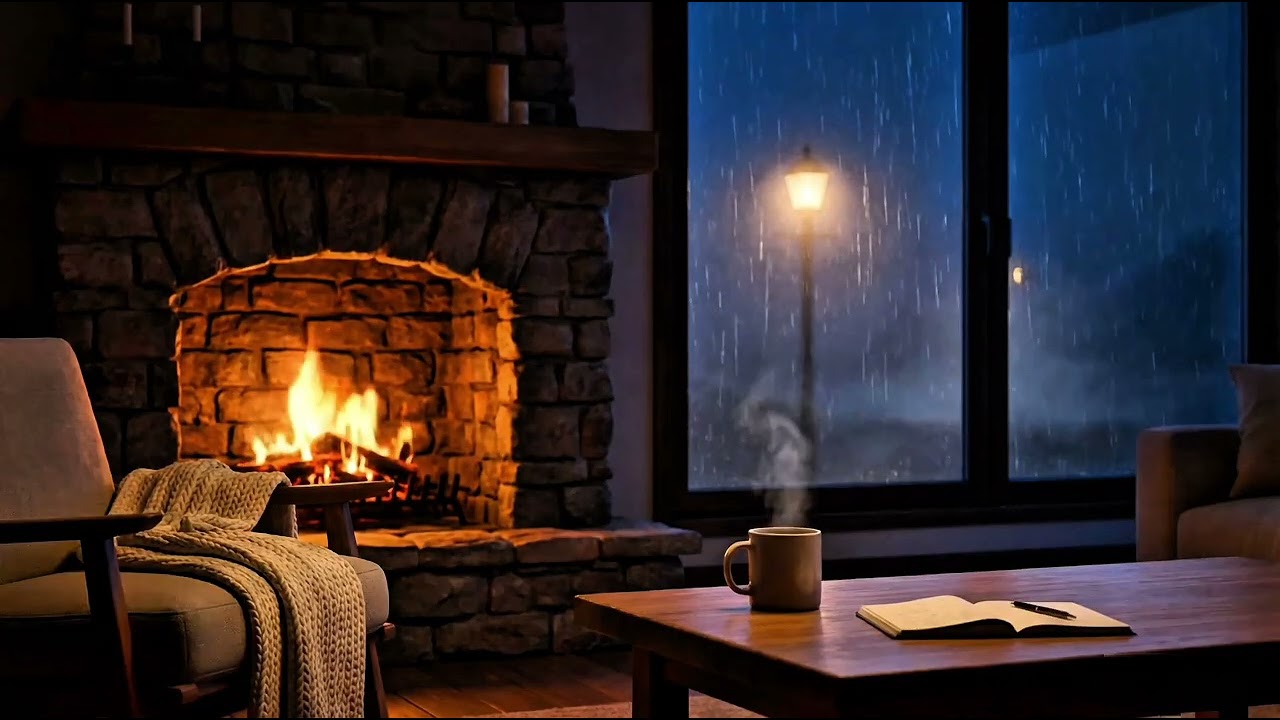 Midnight Rain Glow 🌧️ Soft Piano & Fireplace Study Ambience (3 Hours))