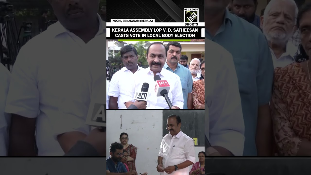Kerala assembly LoP VD Satheesan arrives at a Kochi polling booth to cast vote in local elections