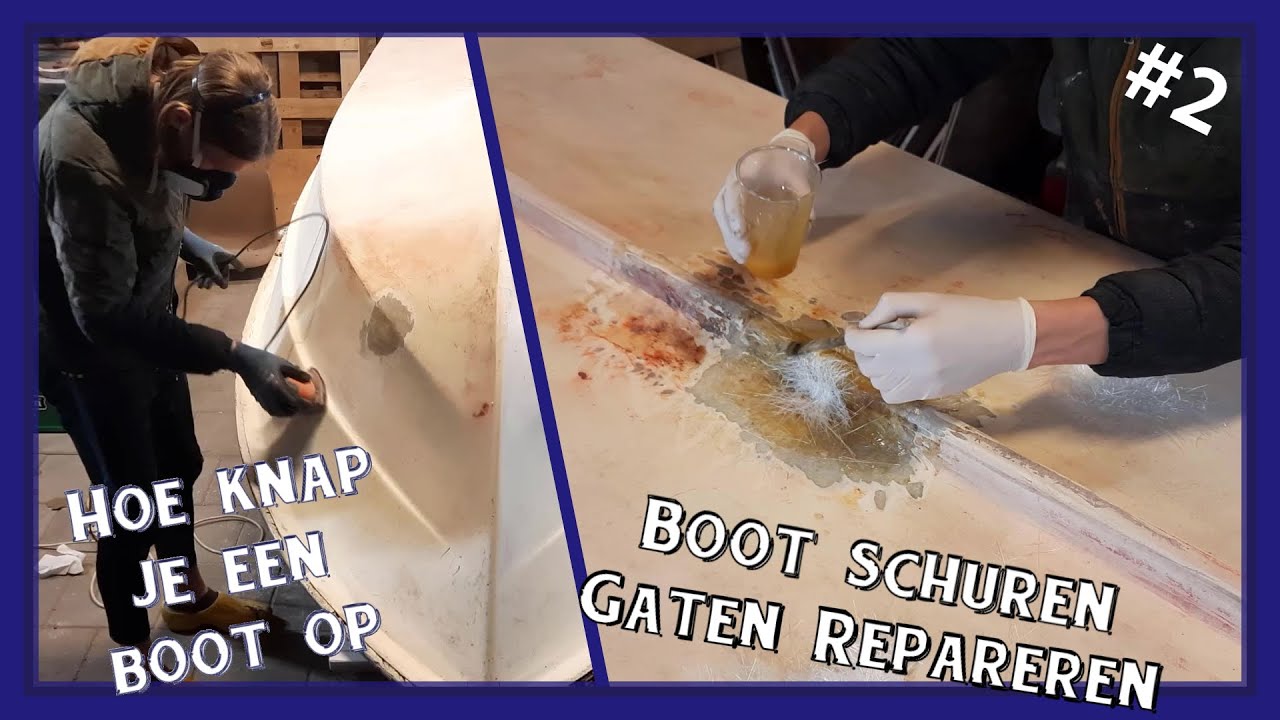De buitenkant van de boot schuren en de gaten repareren - Hoe knap je een boot op #2