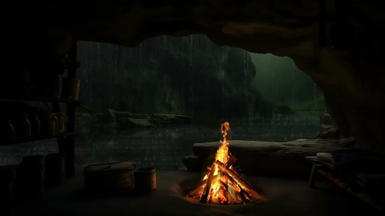 Cave in the Rain | Building a Campfire to Stay Warm Calm on Rainy Day