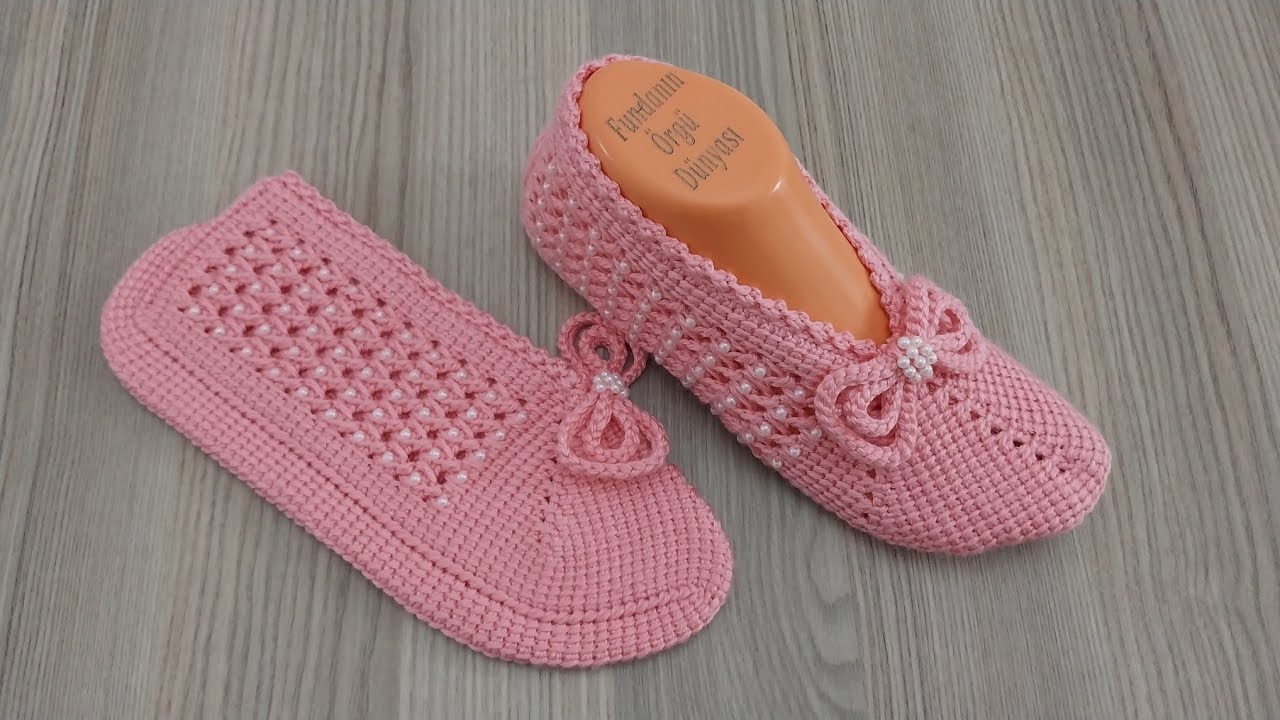 İncili Pembe Patiğim/Tunus İşi Boncuklu Çeyizlik Patik