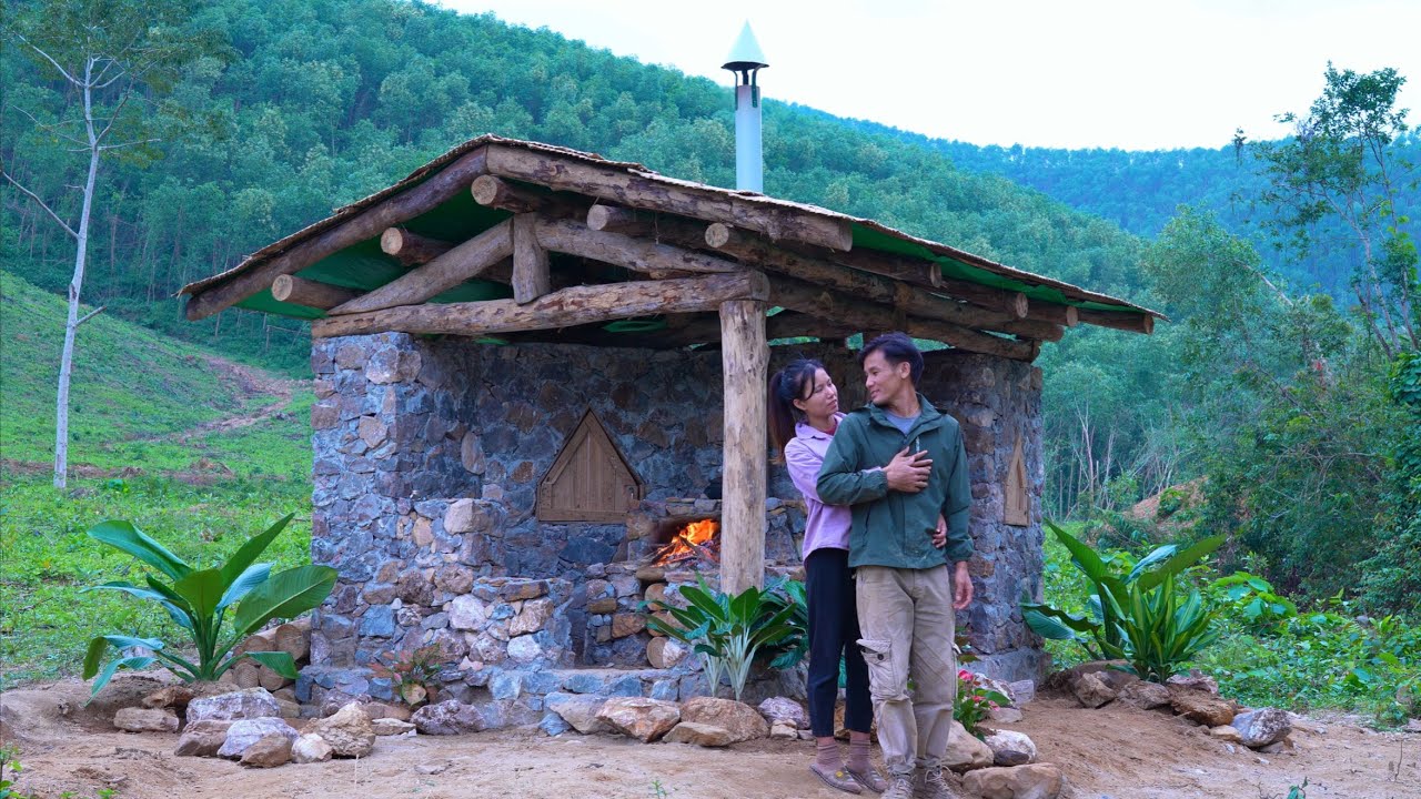 Talent Couple Builds Complete Stone House / Builds Stone & Log Cabin Alone At The Foot Mountain