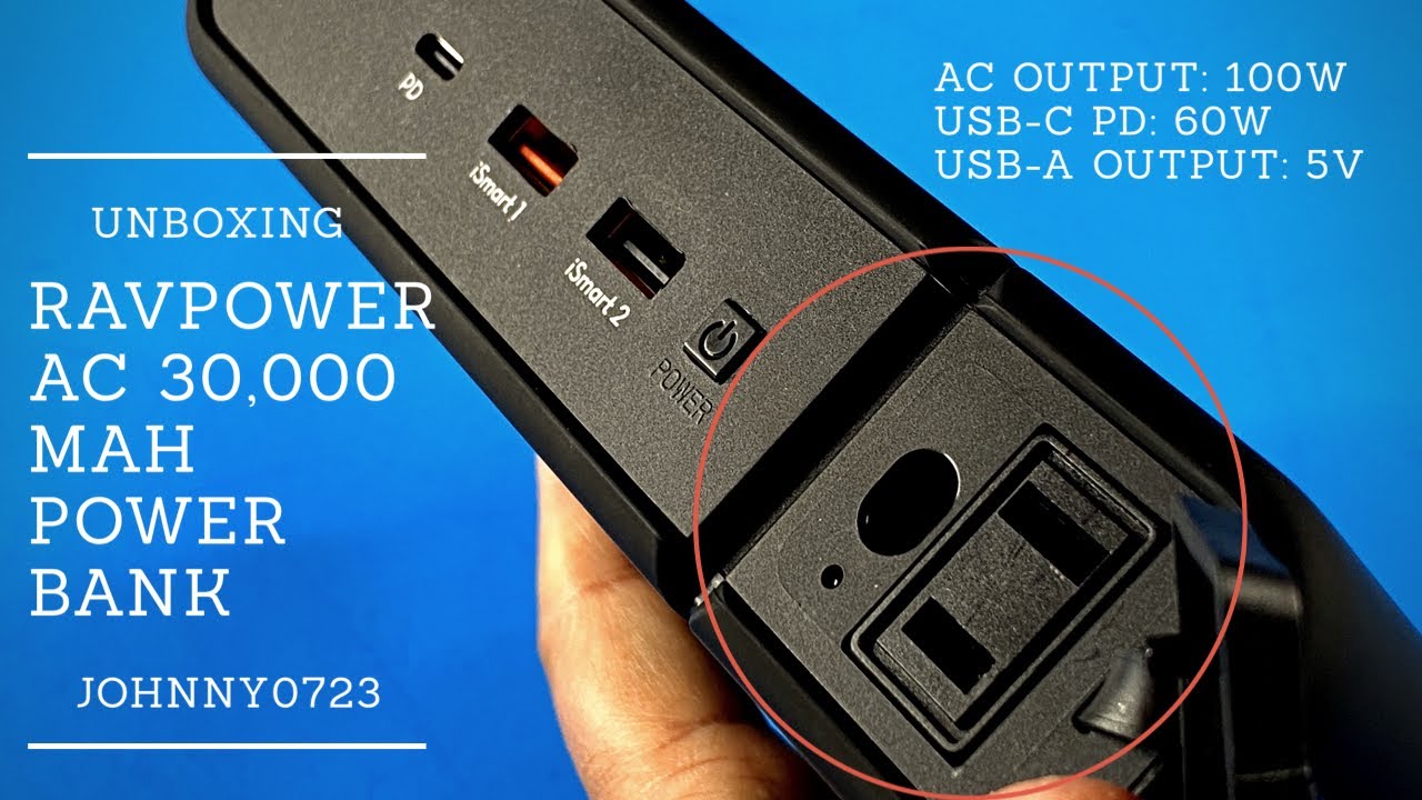 RavPower AC and USB-C Power Bank, 30,000 mAh, 100w AC output, 60w USB-C output, portable, AC plug