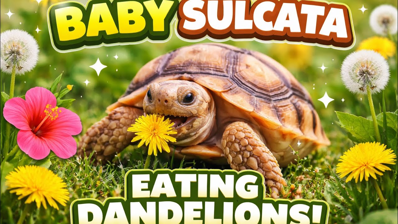 Baby Sulcata Tortoise Eating Dandelions | Cute Walking Moments