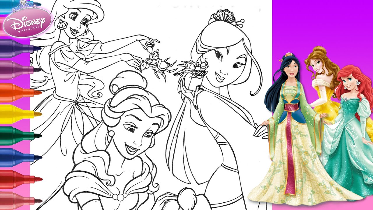 PRINCESS COLORING COMPILATION - Coloring Ariel Belle Mulan - Ariel & Belle Coloring Page - Princess