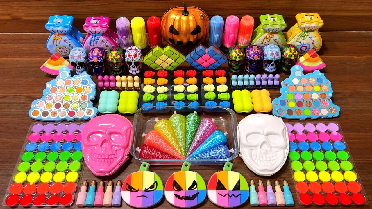 Slime mixing for Stress Relief &ndash; Halloween Rainbow Glossy Floam #113