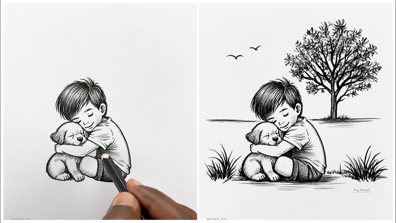 HOW TO DRAW a Boy Hugging a Cute Puppy | Easy Emotional Pencil Drawing Step by Step