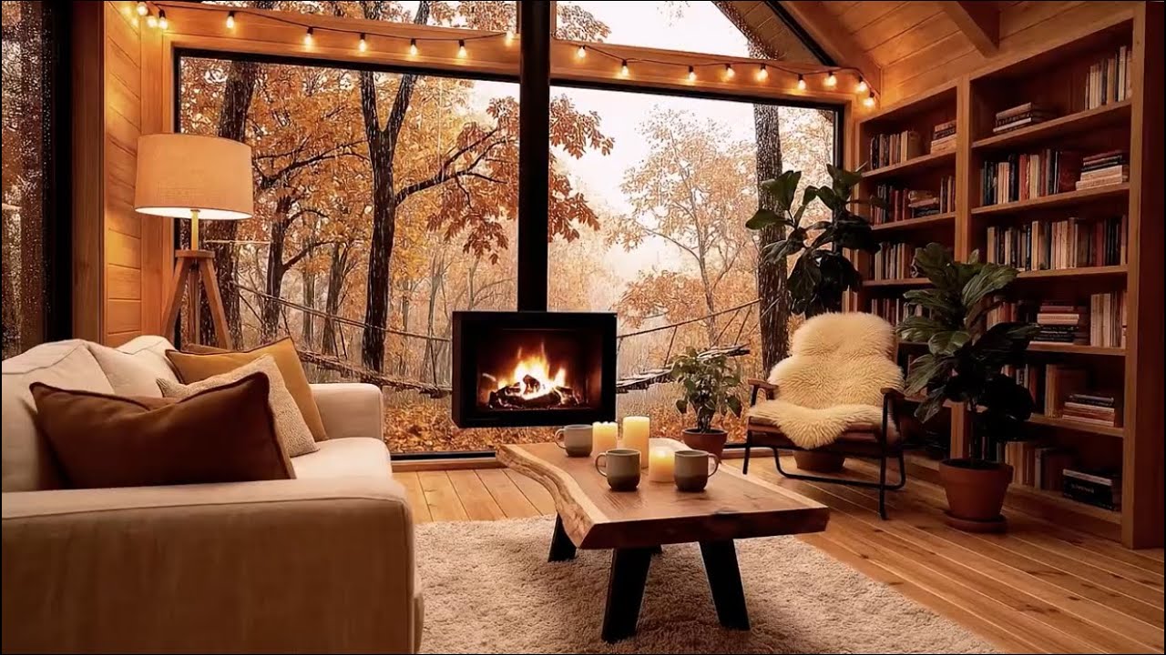Rain & Crackling Fireplace in Cozy Cabin | Autumn Ambience for Sleep, Relaxation & Study