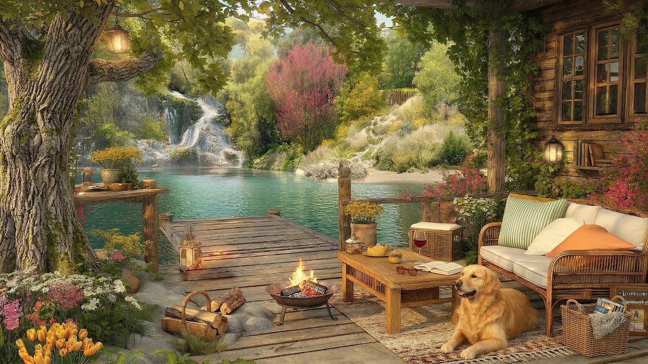 Enchanted Lakeside Cabin Ambience | Relaxing Waterfall Sounds, Crackling Fire & Soft Music for Sleep
