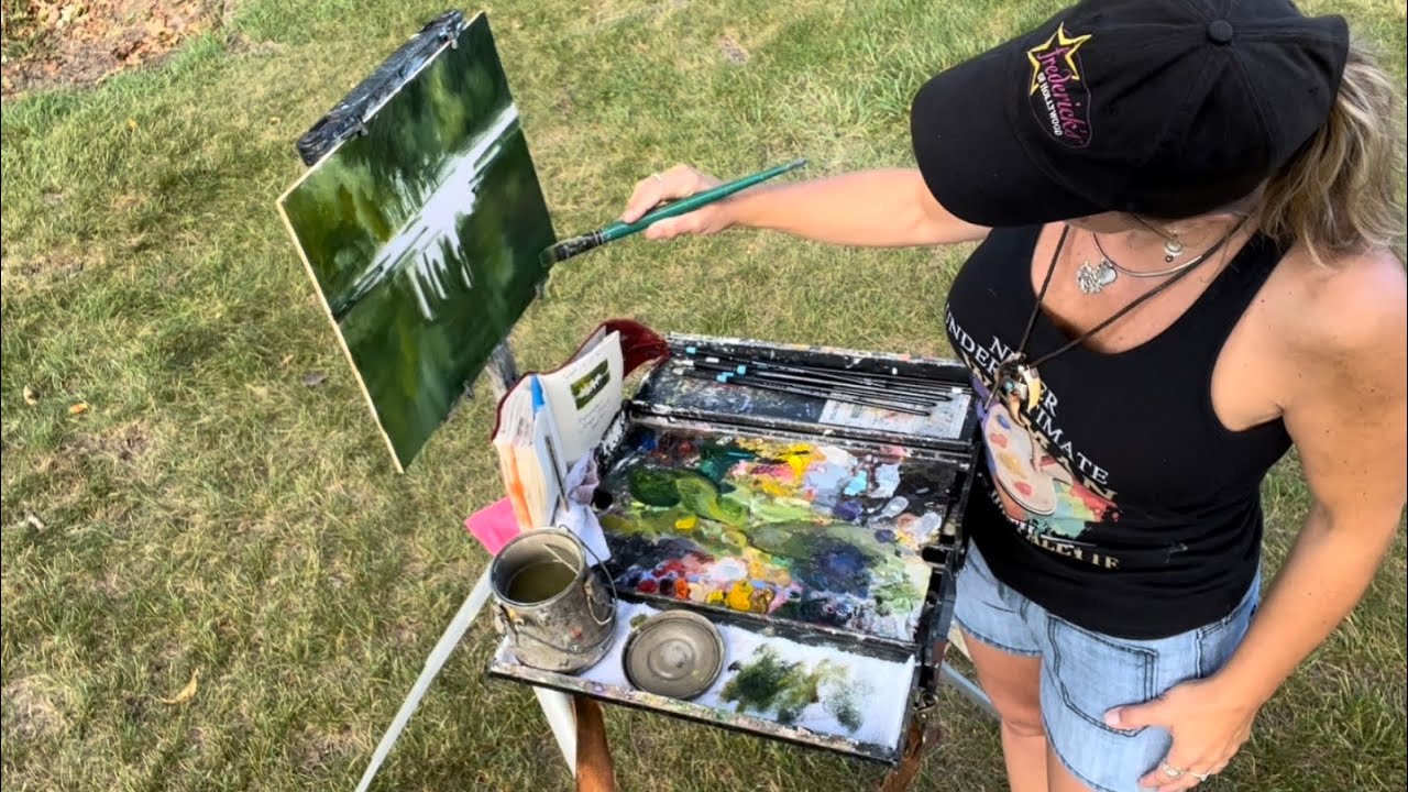 Plein Air Painting tips wooded boat harbor water scene fill demo in Michigan with Studio Tamera￼
