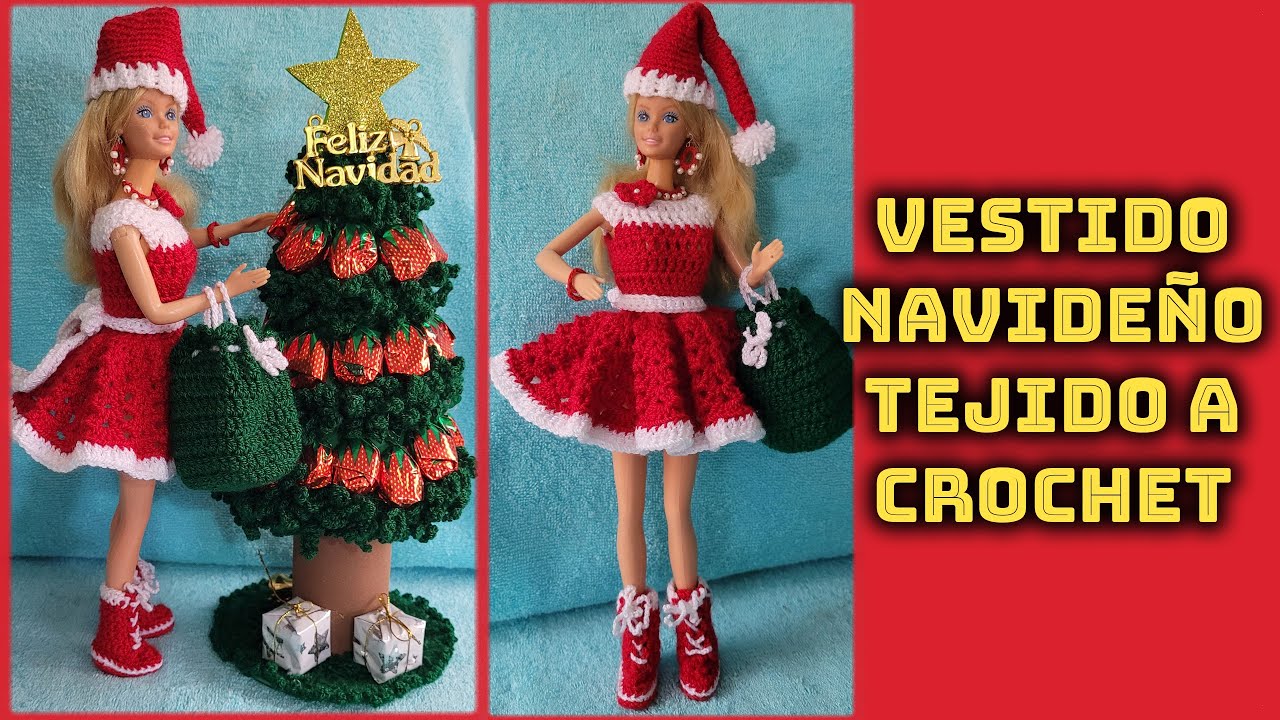 VESTIDO NAVIDEÑO PARA MUÑECA BARBIE TEJIDO A CROCHET || PASO A PASO
