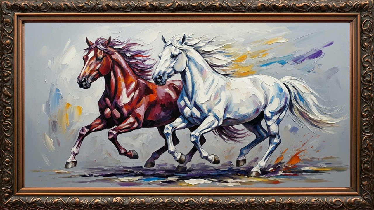 Majestic White Horse in Vintage Gold Frame | Elegant Equine Wall Art Display 4K