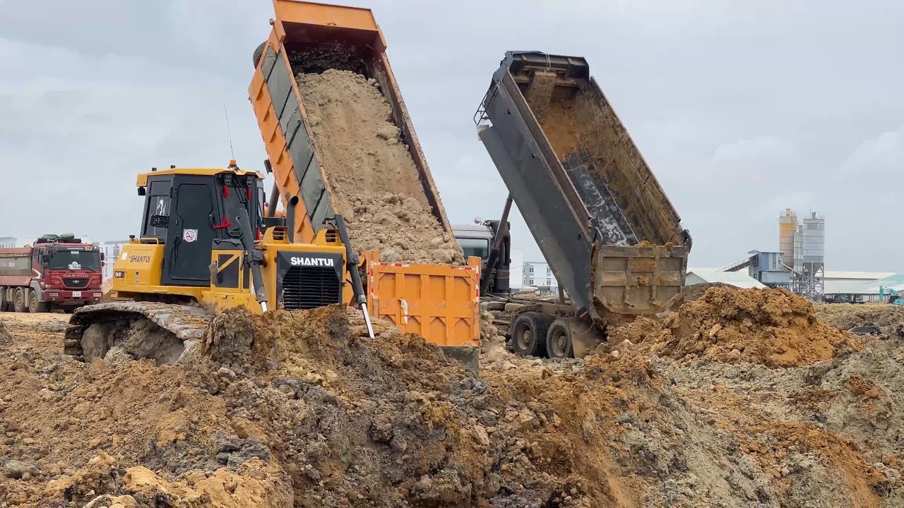 Incredible Big and Deep pond filling process DH17C2 SHANTUI bulldozer dirt pushed