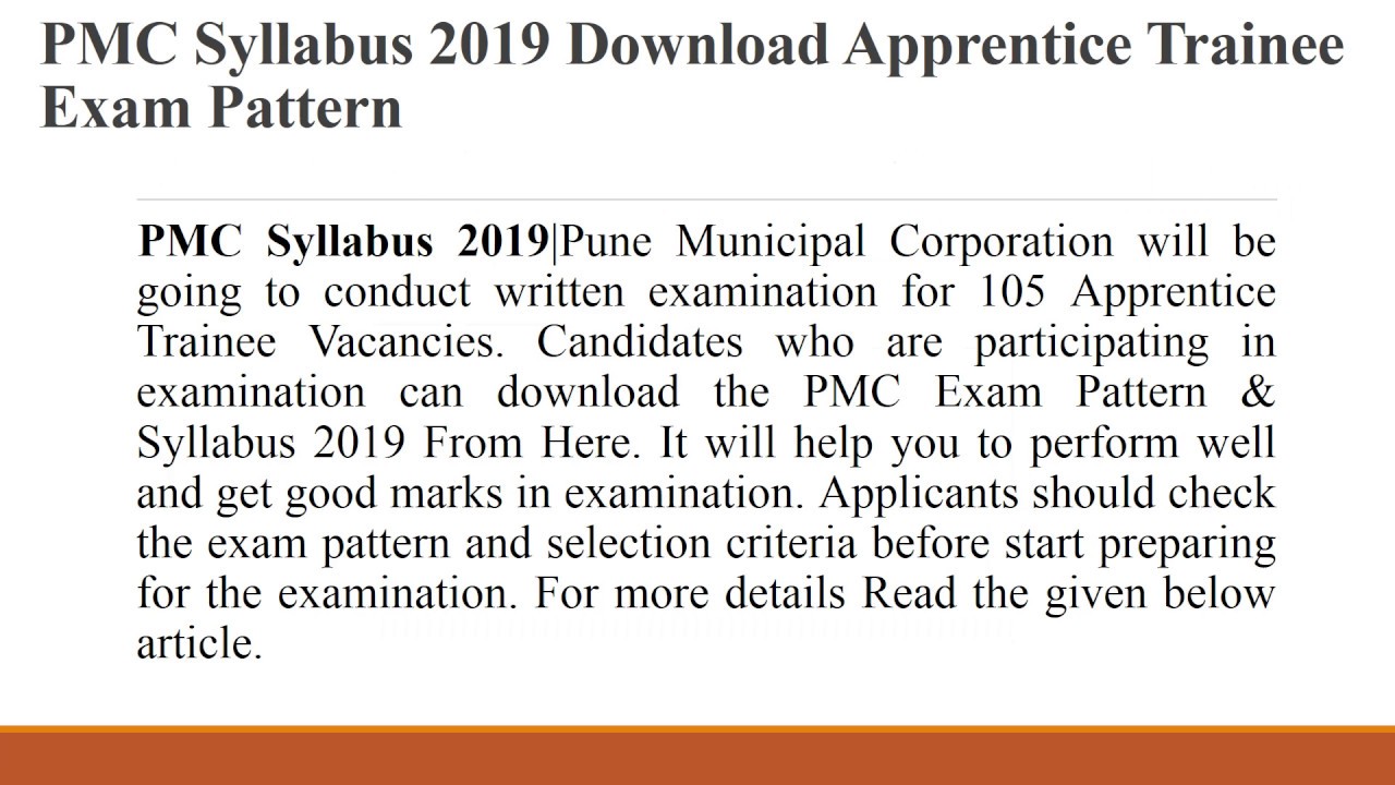 Download PMC Syllabus & Exam Pattern for 105 Apprentice Trainee Post