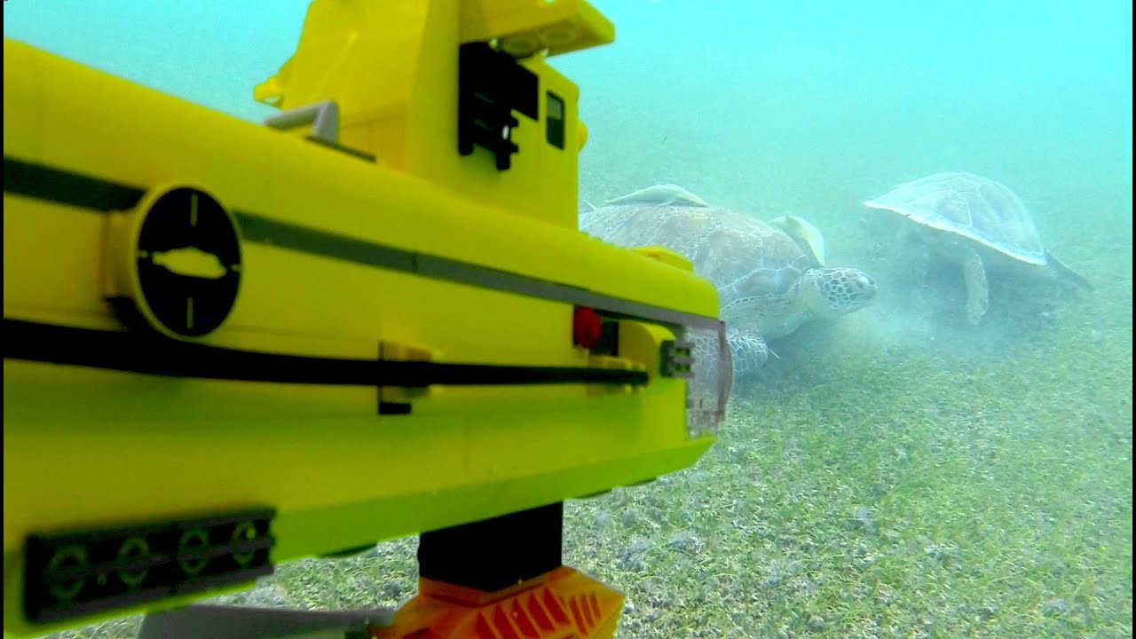 Lego submarine under water. Searching for REAL sea turtles