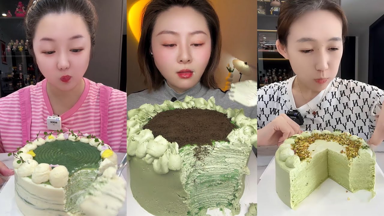 ASMR Mukbang Matcha Tiramisu Cake & Green Tea Layer Cake – Soft Creamy Dessert Eating Sounds