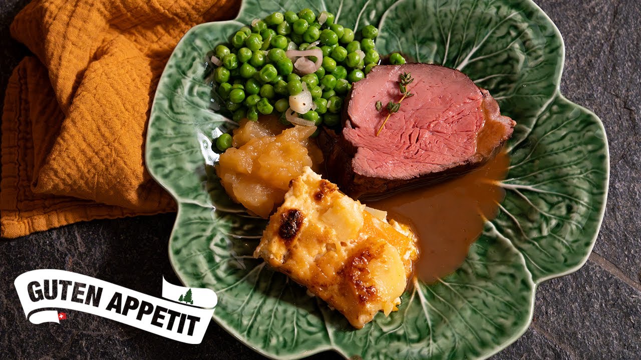 Rundsfilet rosbief style met aardappelgratin en appelcompote | Guten Appetit