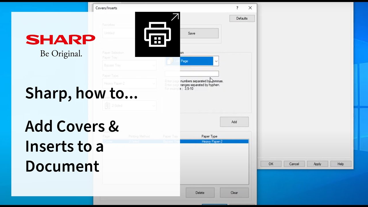 Sharp, how to add Covers and Inserts to a Document on a Sharp Multifunctional Printer