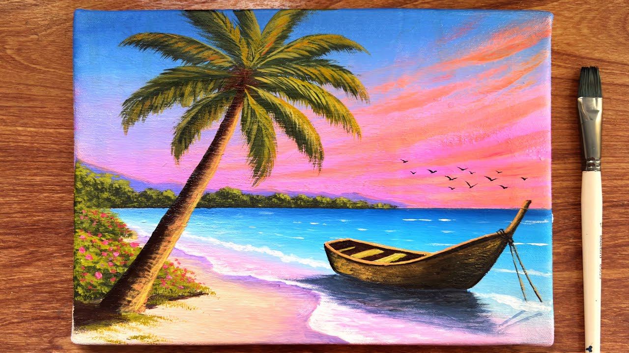 Pink Tropical Beach Landscape Painting | Acrylic Painting Beach | Canvas Painting