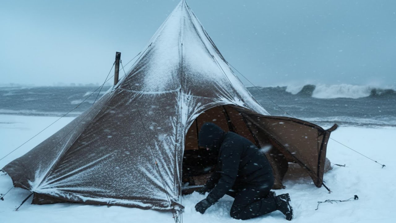 Winter Survival Camping on a Remote Island With an Old Tent in a Snowstorm | Winter Camping