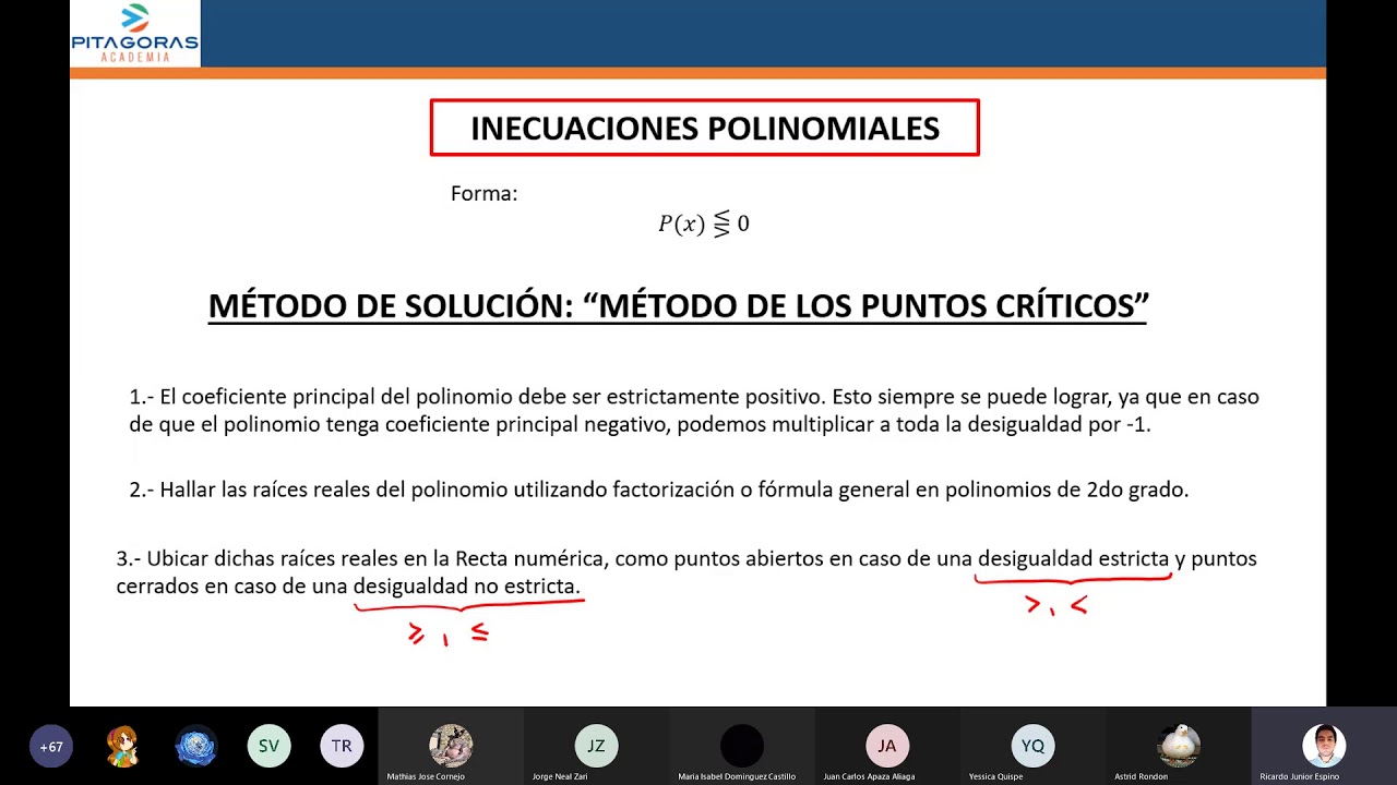 Inecuaciones polinomiales y racionales - Parte 1 - Algebra / Clase virtual / Academia Pitágoras UNI