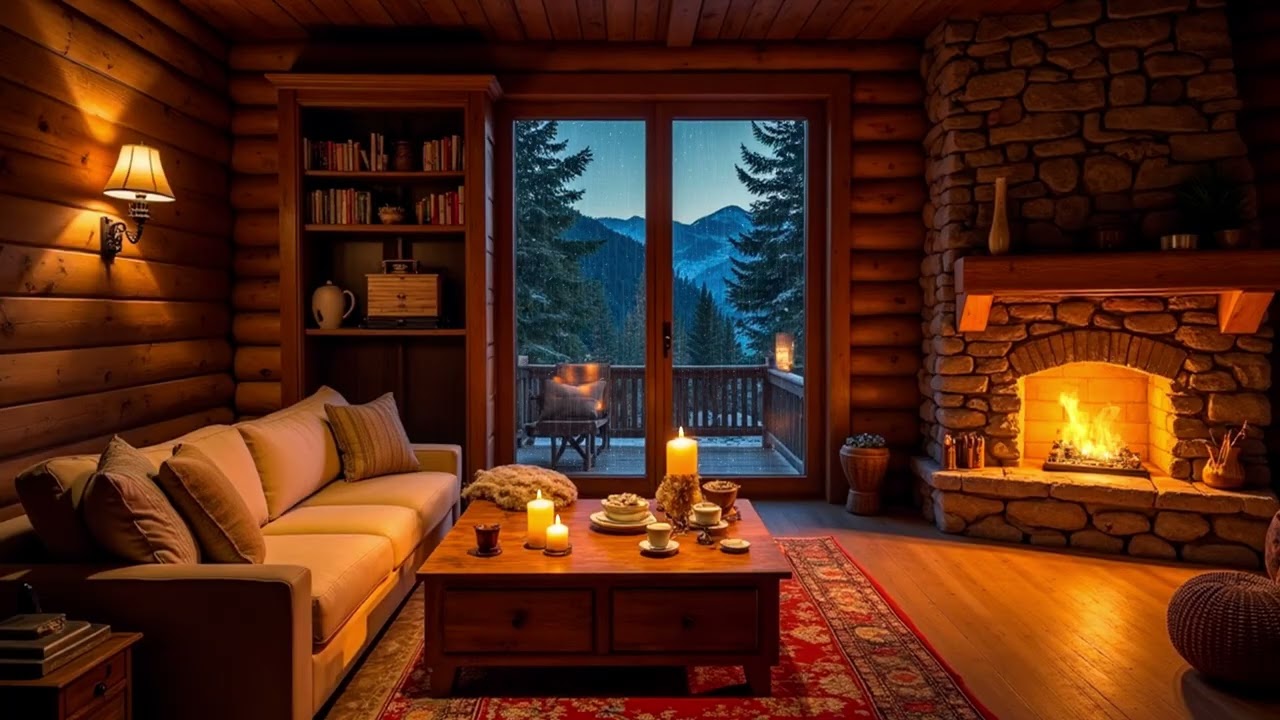 Mountain Rain Outside the Log Cabin | Fireplace Jazz Ambience for Deep Focus, Sleep & Calm Nights
