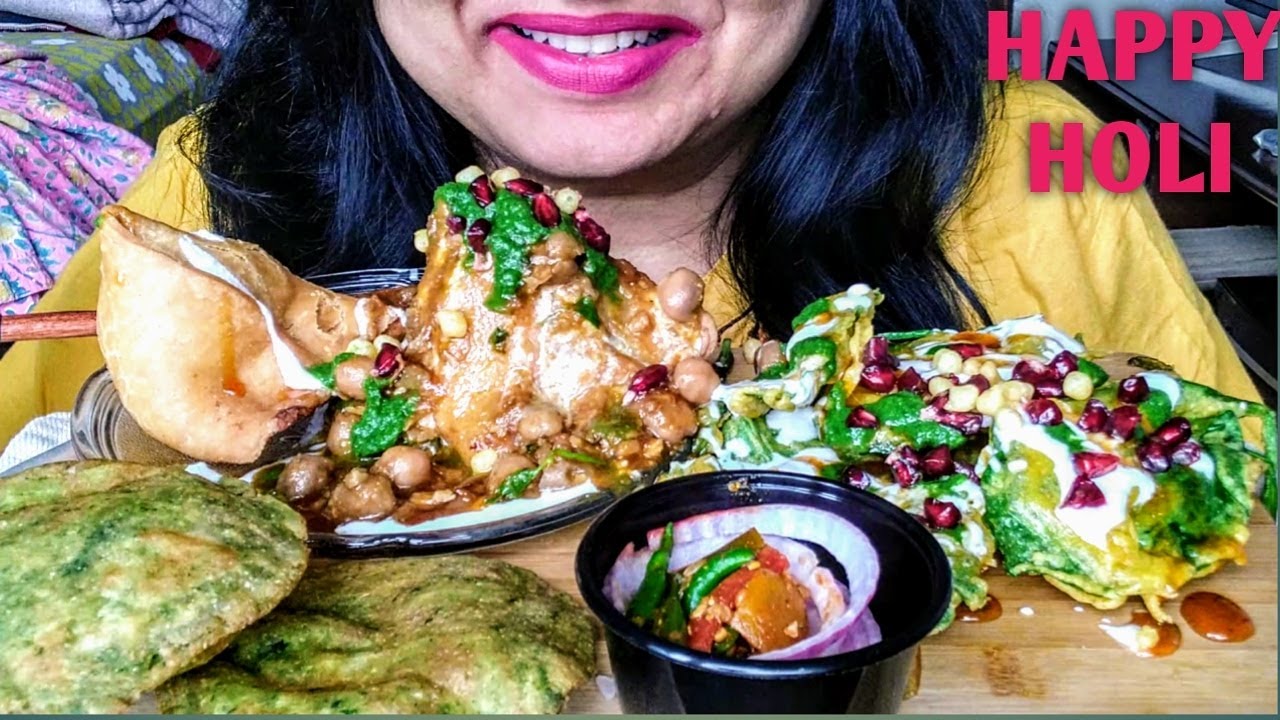 Eating Palak patta chaat samosa chaat palak puri|requested video|chit chat|holi with curd|ASMRMYWAY