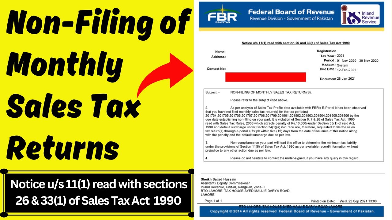 Non Filing of Monthly Sales Tax Returns | Notice us 11(1) read with sections 26 & 33(1) of Sales Tax
