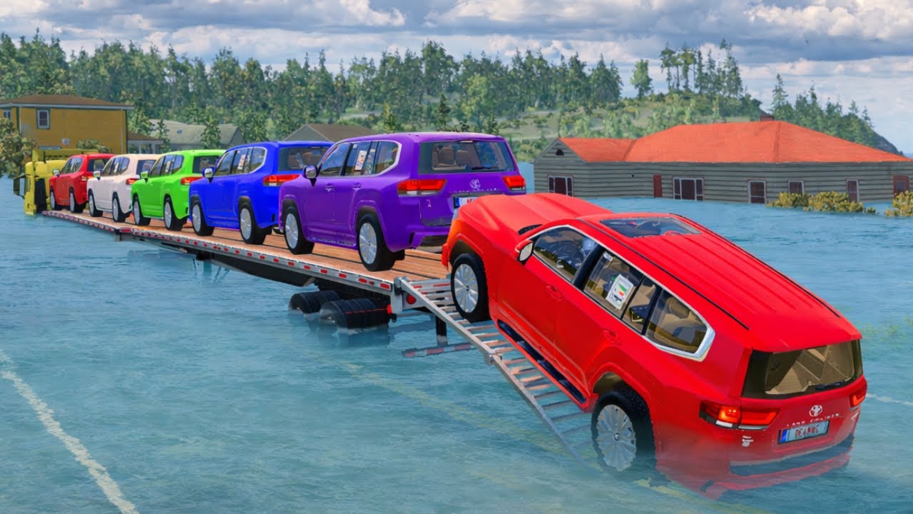 Triple Flatbed Trailer McQueen Transportation with Truck - Speedbumps vs Cars vs Train - BeamNG #29