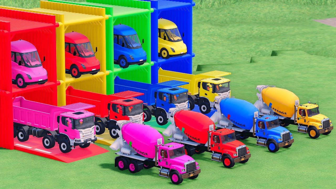 Trucks With COLORS - FREIGHTLINER MIXER TRUCK and SCANIA DUMP TRUCK with TESLA FLATBED TRAILER TRUCK