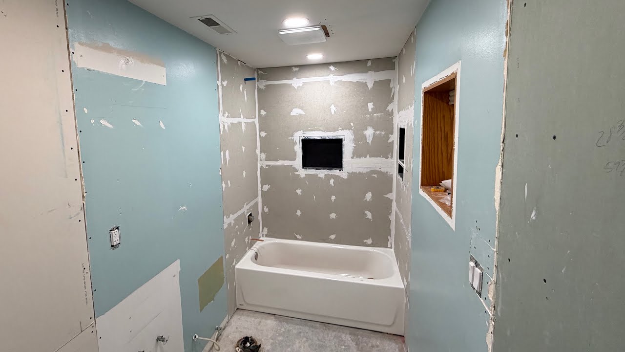 Installing Bath Tub, Shower Shelves And Shower Waterproofing!! Part .5