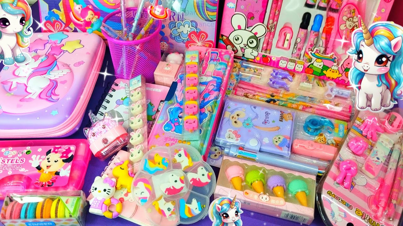 Pink Stationery Collection, Pencil case, Unicorn Stationery set, Beauty Eraser set, Pink toy ASMR