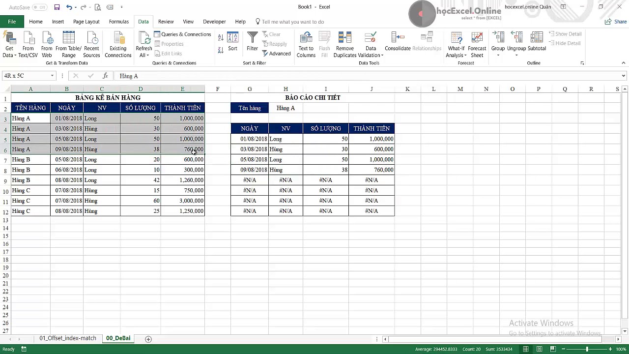Công thức lập báo cáo chi tiết tự động với hàm offset và index match