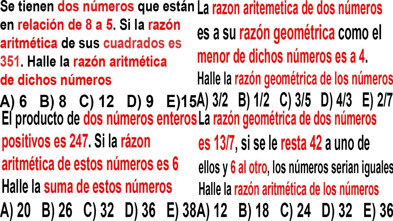 RAZON ARITMETICA, RAZON GEOMETRICA PROBLEMAS, TEMA (RAZONES Y PROPORCIONES PARTE 1 - BASICO)