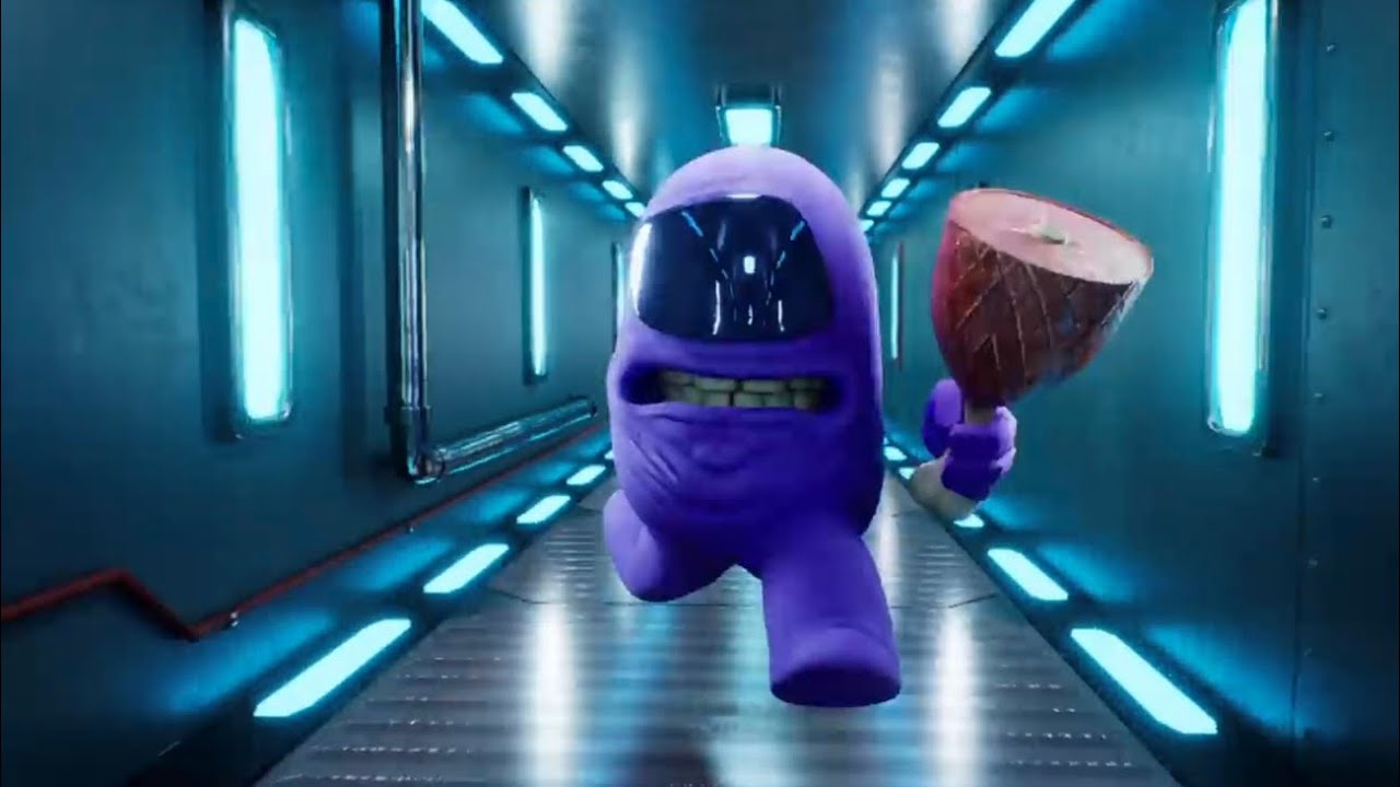 Purple impostor running with undertale music playing in the background whilst holding a large ham