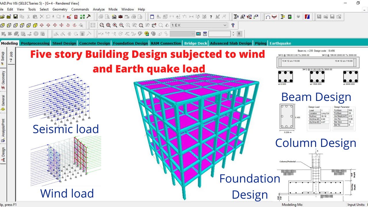 Five story building design subjected to wind and seismic load | civil engineering | online |software