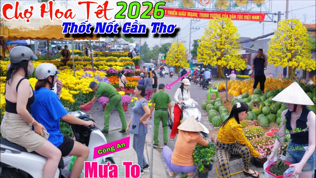 Chợ hoa tết thốt nốt cần thơ 2026 mưa to công an ra tiếp tấp nập người mua hoa giá rẻ