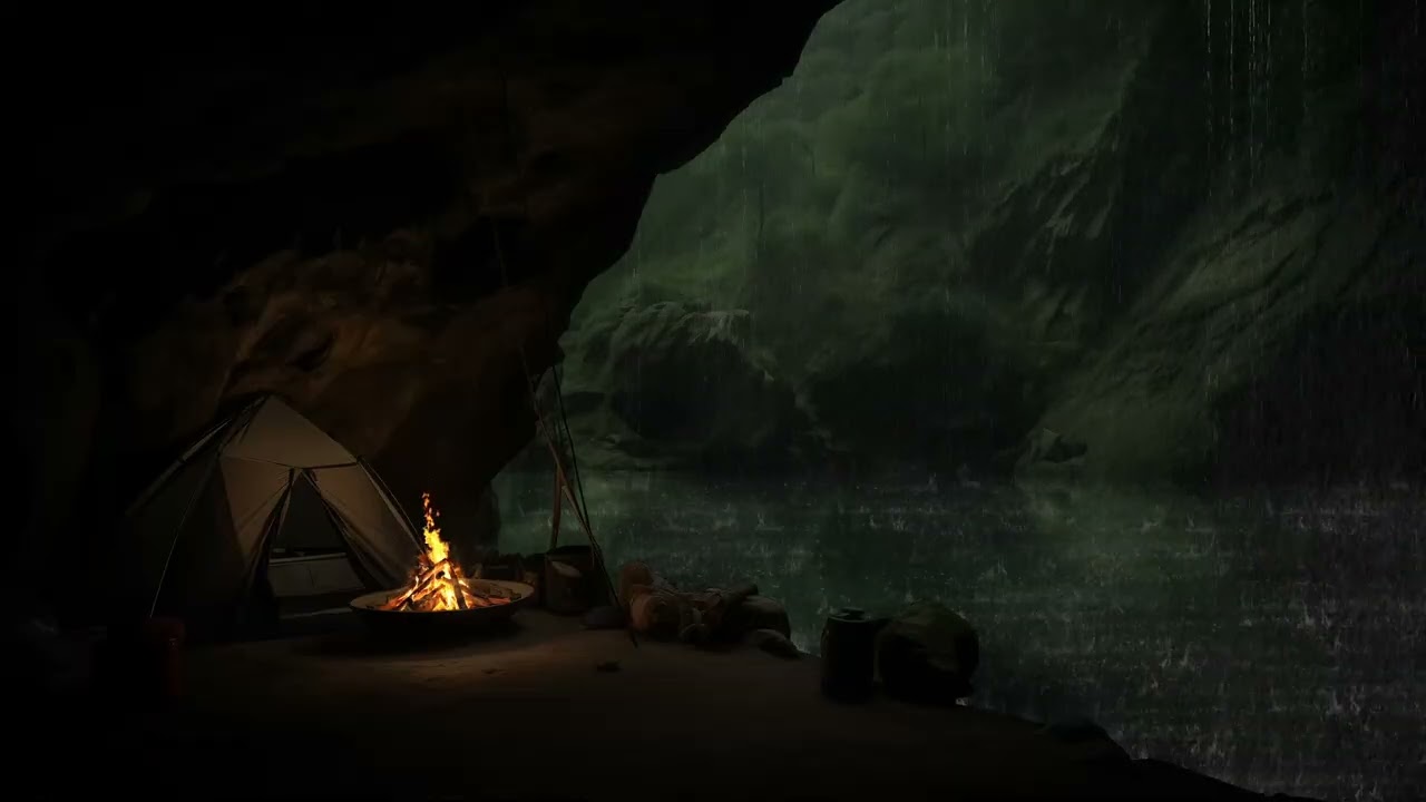 Campfire in Cave | Sleeping and Rest with Relaxing Fire Sounds and Rain outside