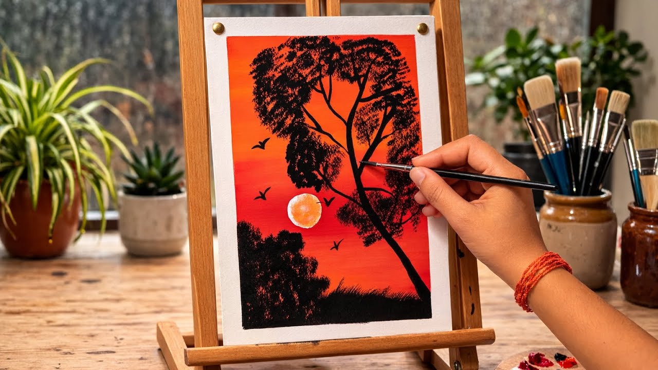 Easy Sunset Tree Painting 🌅 | Acrylic Painting Tutorial for Beginners #drawing #artbypencils 
