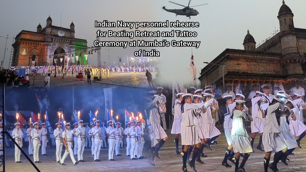 Indian Navy personnel rehearse for Beating Retreat and Tattoo Ceremony at Mumbai's Gateway of India