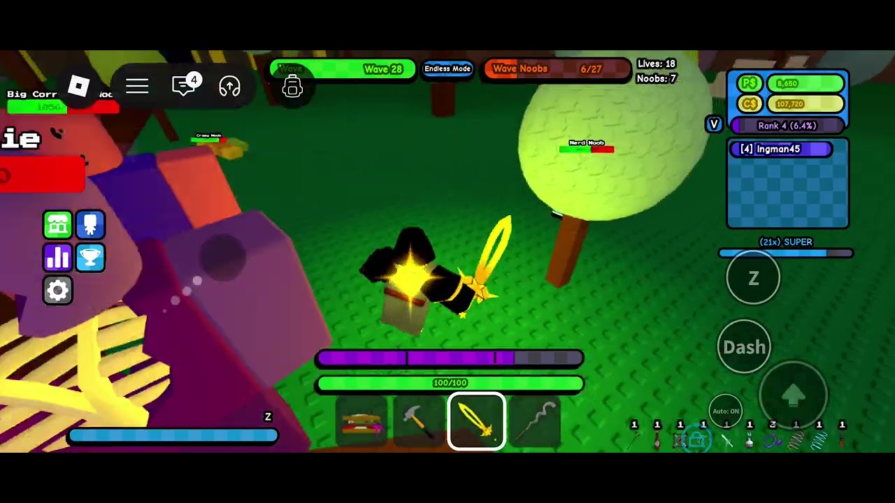 Playing endless mode in noob mayhem part 3 (attempt 1 to reach wave 100)