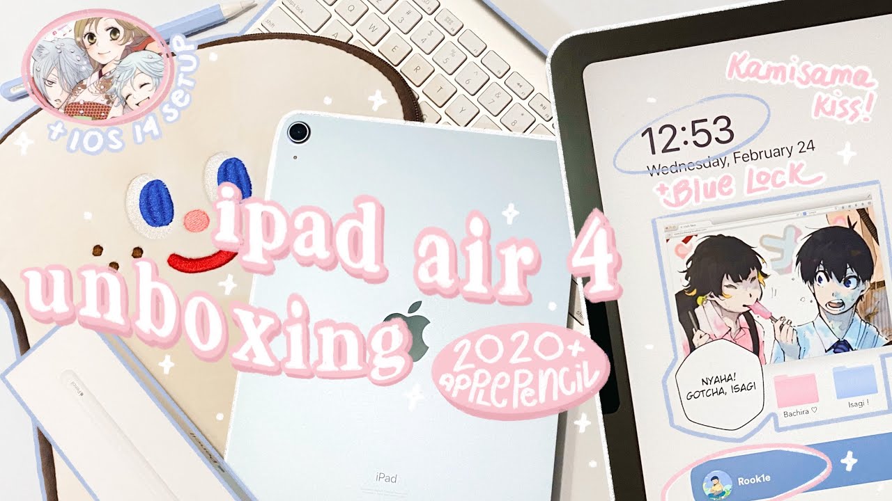 🍧 iPad air 4 2020 (sky blue) + accessories unboxing :: anime ios 14 setup !