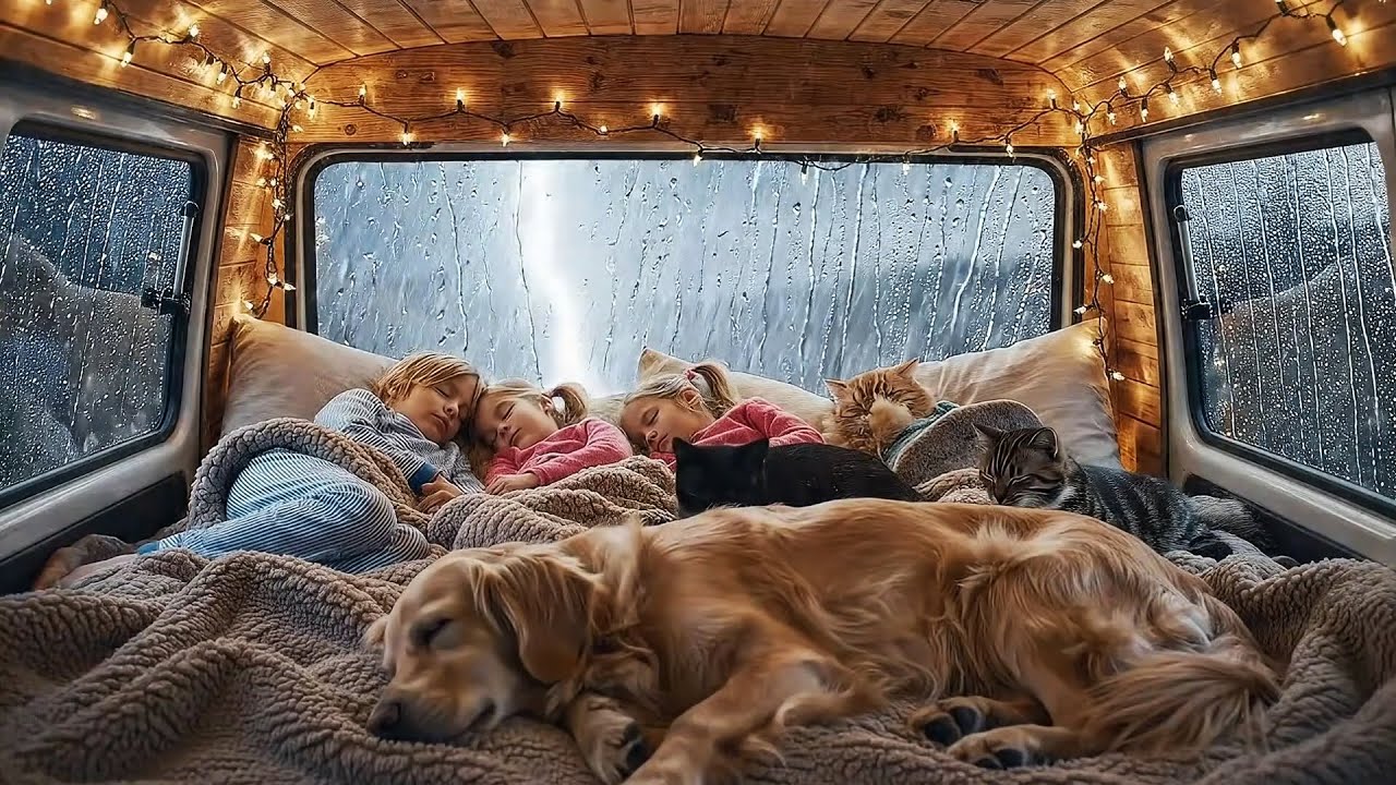 7 Souls in a Tiny Van: Rainy Forest Night with 3 Kids & 4 Pets (ASMR)
