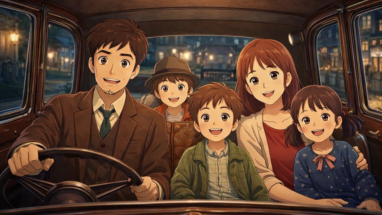 Cozy Night Drive with Family 🚗 | Relaxing Illustration Ambience | Ghibli Asmr