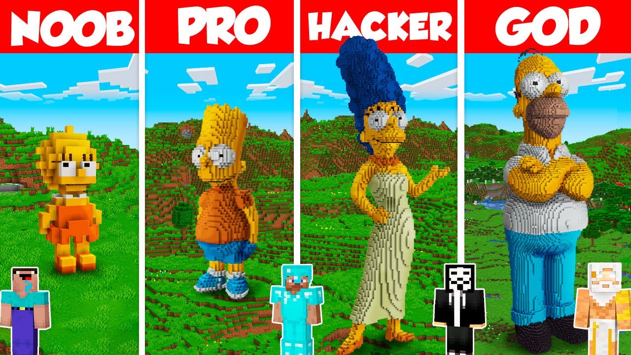 The Simpsons Statue Build Battle Challenge - Noob vs Pro vs Hacker vs God - Minecraft Animation